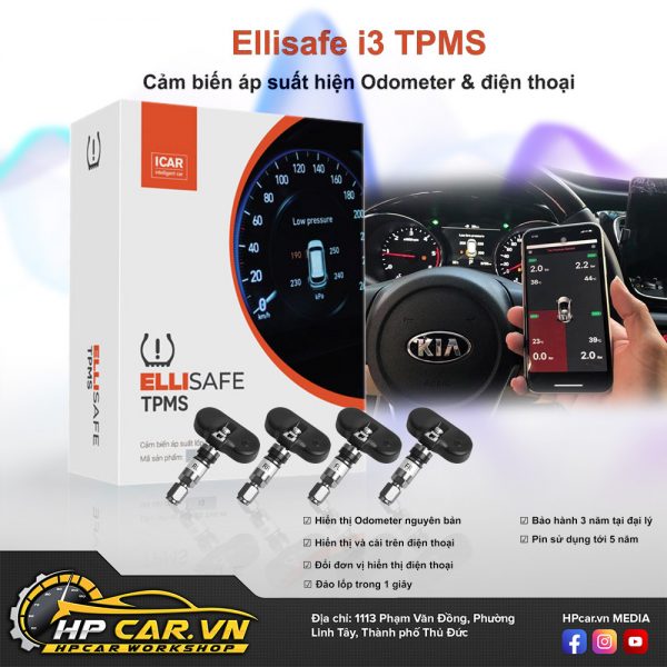 Cảm biến áp suất lốp theo xe Ellisafe i3 (Hiển thị ODO) quản lý bằng điện thoại 11 tính năng Cảm biến áp suất lốp theo xe Ellisafe i3
