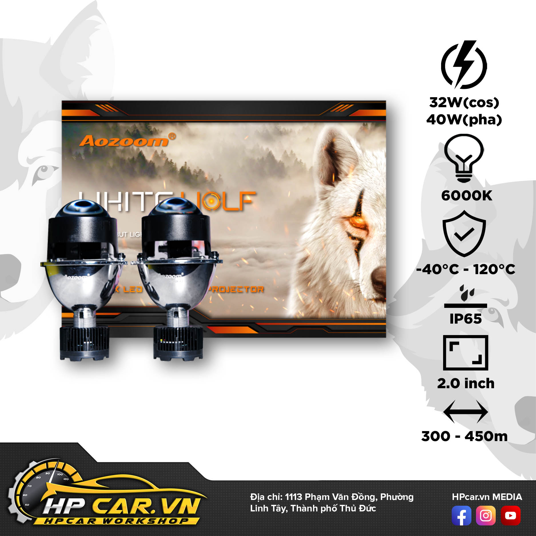 Bi Led Aozoom White Wolf Light – 2.0 inch 3 đèn White Wolf Light – 2.0 inch cho ô tô