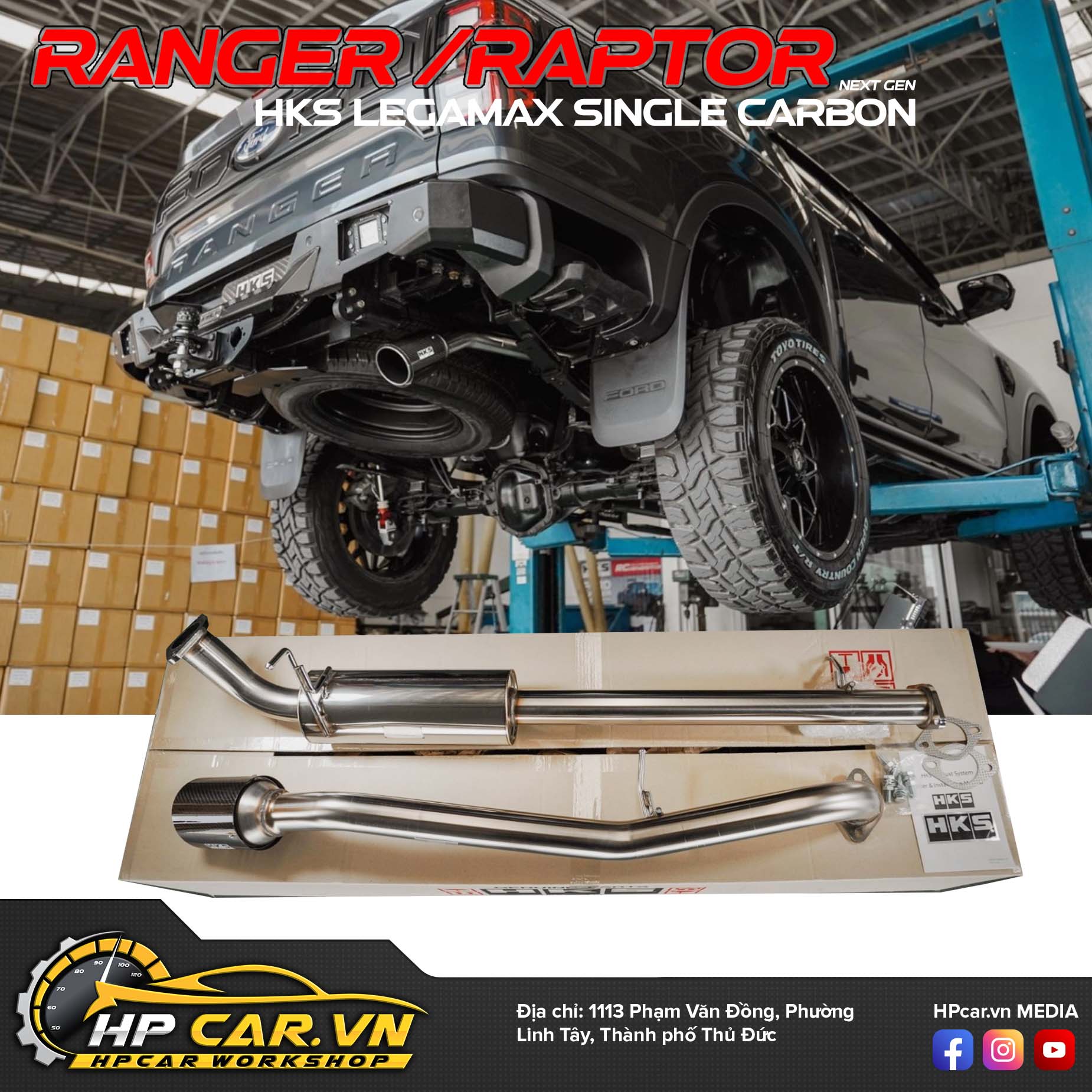 ỐNG XẢ HKS LEGAMAX SINGLE CARBON CHO FORD RANGER - RAPTOR NEXT GEN 6 ong xa hks legamax single carbon cho ford ranger raptor next gen